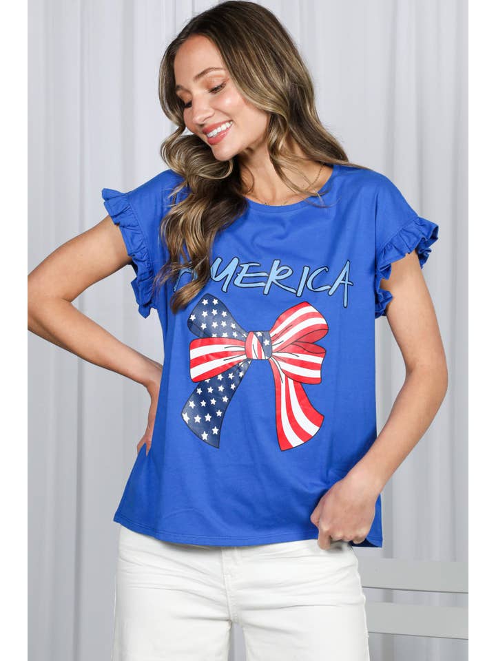 Vine & Love - Wholesale Screen Printed T-Shirt - Women's - American Flag Bow Graphic Crew Neck 100% Cotton Top VT82411A