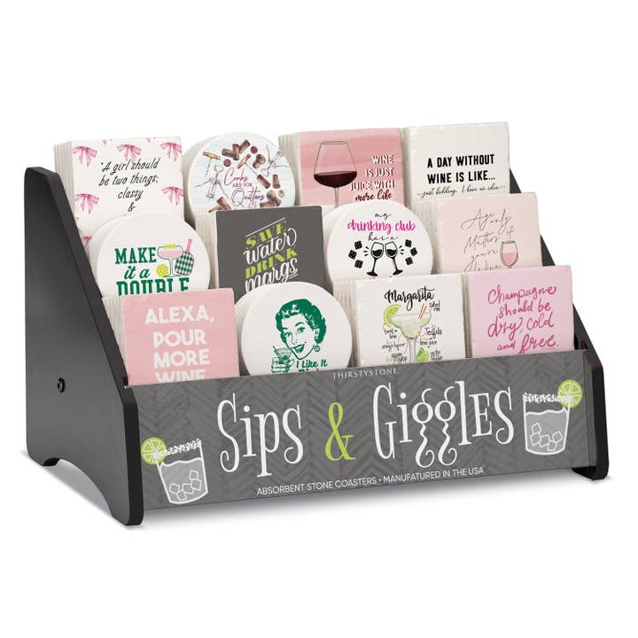 Sips & Giggles Prefilled Single Coaster Display 72 Coasters for wholesale by CounterArt/Highland Home/Thirstystone