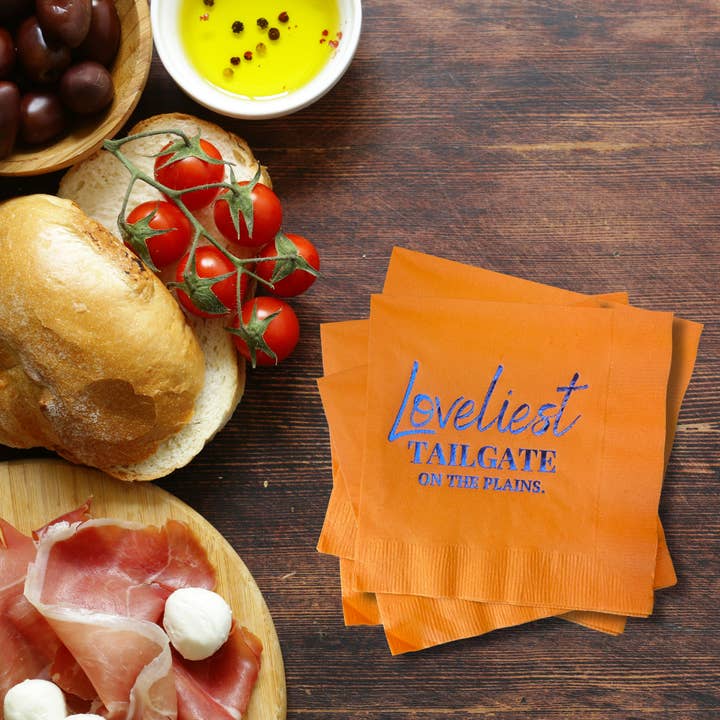 Loveliest Tailgate on The Plains Orange Foil Party Napkins for wholesale by Hey Y'all Party