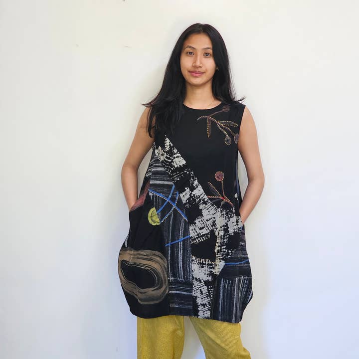 DJ-17274 KORT KASUR PATCHWORK KJOLE - SORT for engroshandel hos YAZA