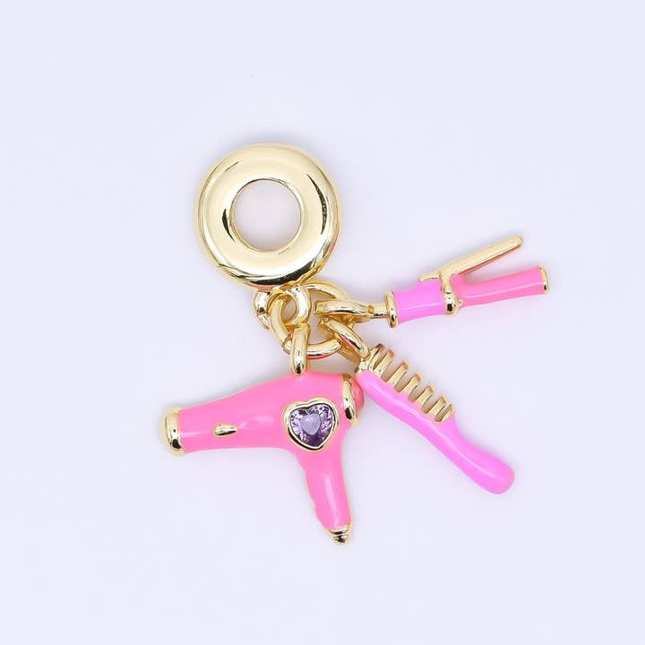 24K Gold Filled 16mm Pink Hair Blower, Straightener, & Comb Beauty Set Rondelle Drop Charm | AC1620 for wholesale by Aim Eternal