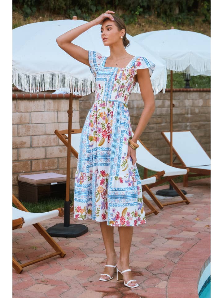 White Multi Plus Patchwork Printed Flutter Sleeve Midi Dress for wholesale on Faire