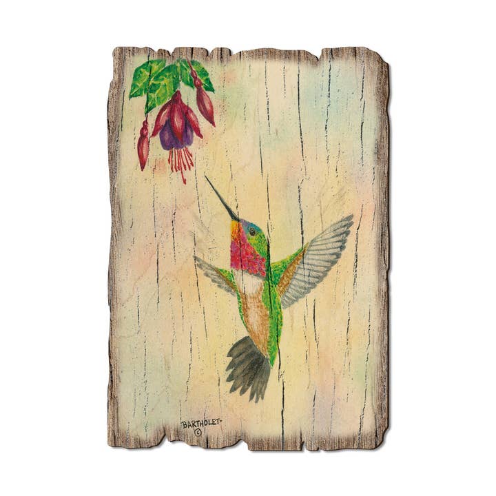 Colibri Ruby Gem - Cartes postales et aimants en bois avec bordure rustique pour la vente par DaydreamHQ