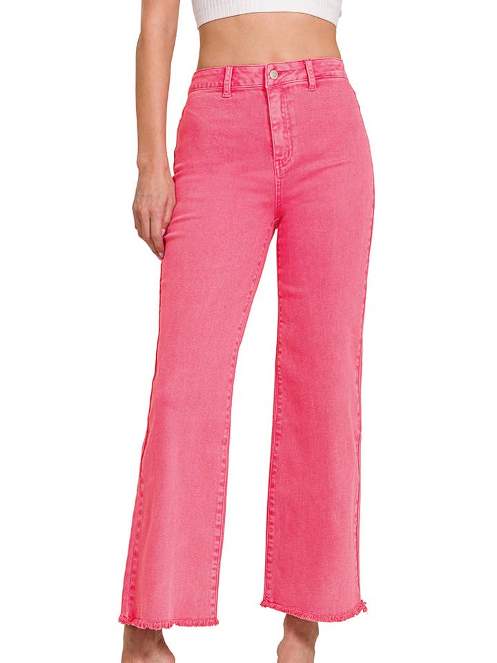 42POPS - Vente Jean – femme - Pantalon large droit à ourlet effiloché délavé à l'acide.2