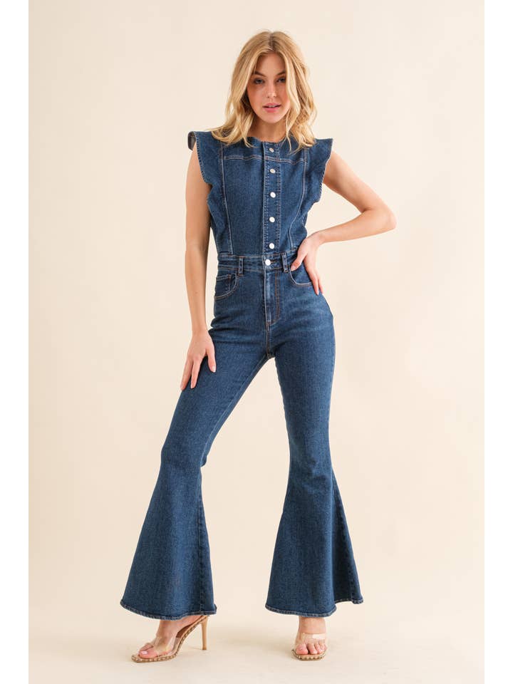 Blue B - Vendita all'ingrosso Tuta intera - Donna - 22646R - Tuta in denim SLV con bottoni e fondo a campana3