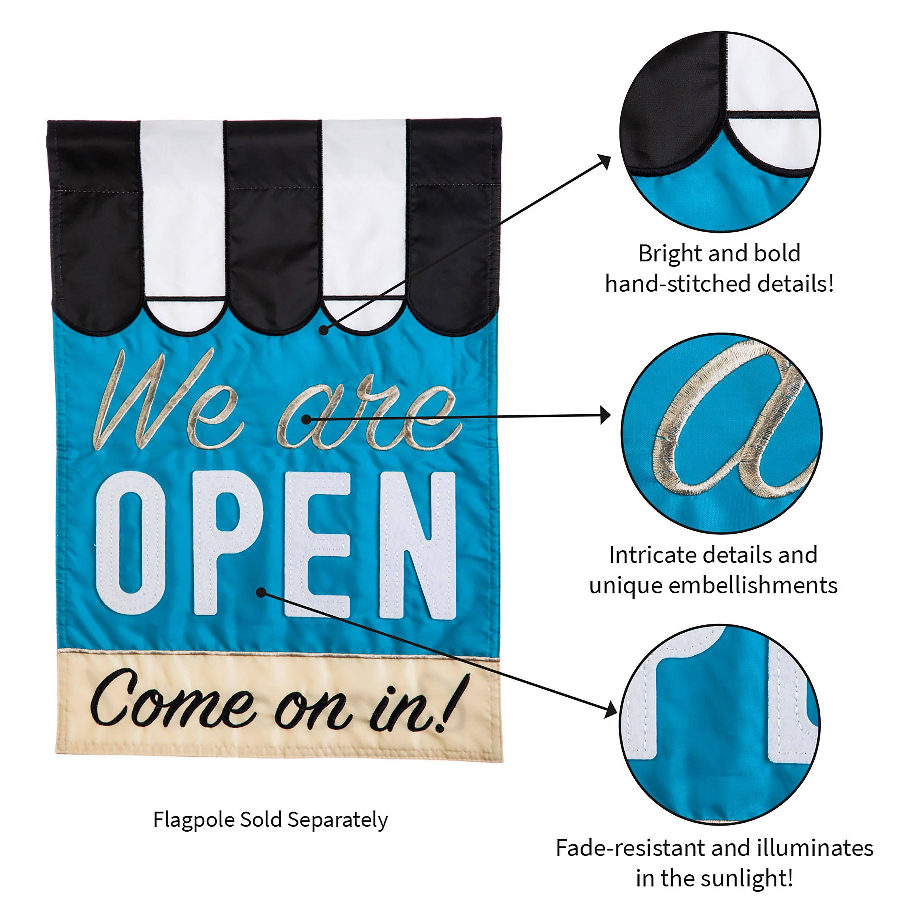 Evergreen Enterprises - Wholesale Flag - We Are Open Garden Applique Flag4