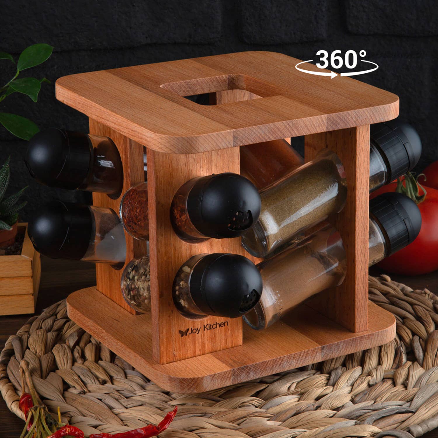 Joy Kitchen – wholesale Kryddställ – Draaibaar kruidenrek voorzien van 8 glazen kruidenpotjes1