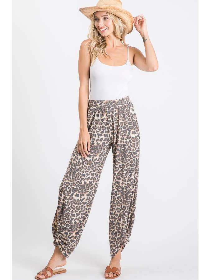 Mocha Leopard Print Lightweight Split Side Ankle Tie Pants P3377 for wholesale on Faire8