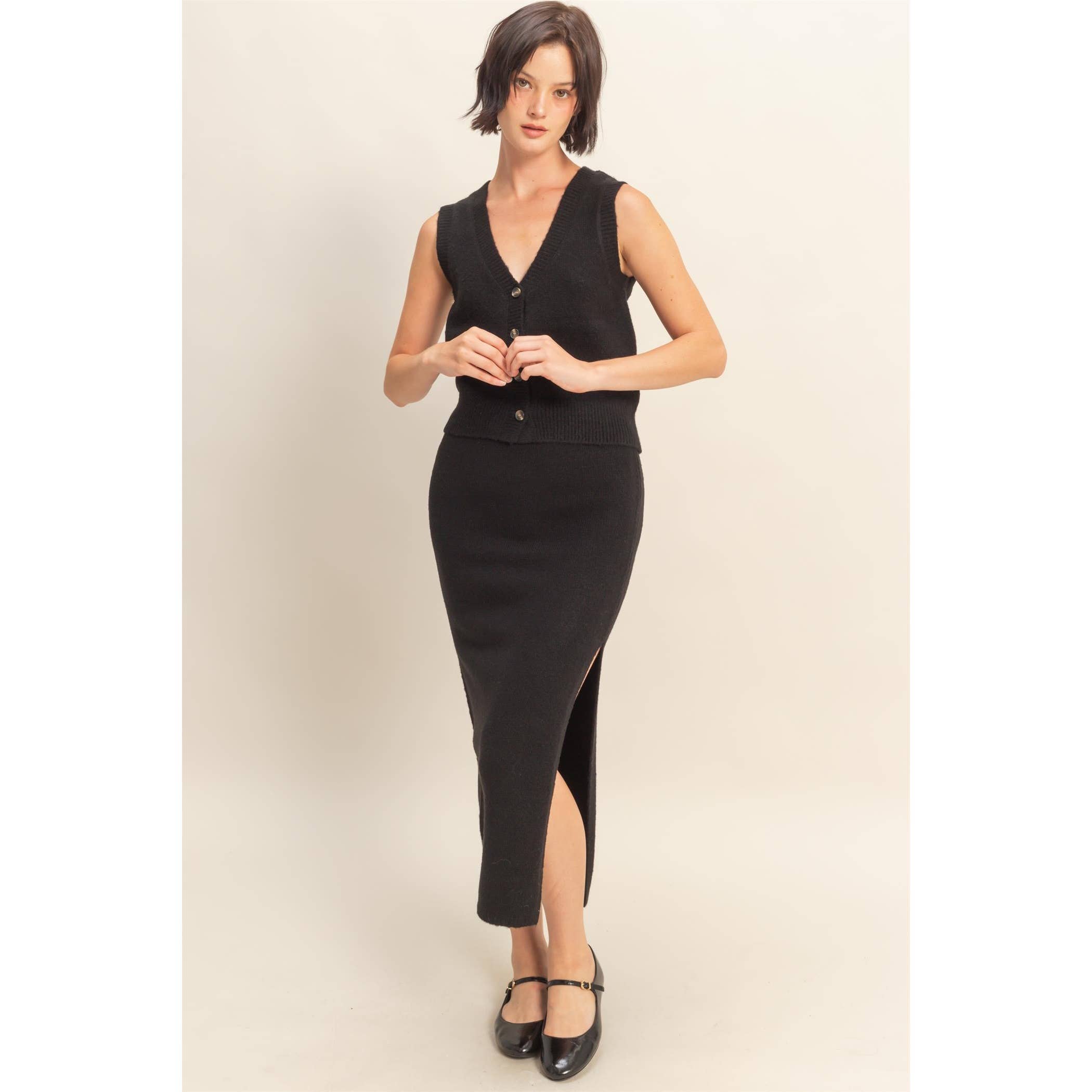 Double Zero - Wholesale Top & Skirt Set - Women's - Button Front Vest & Midi Skirt Knit Set32