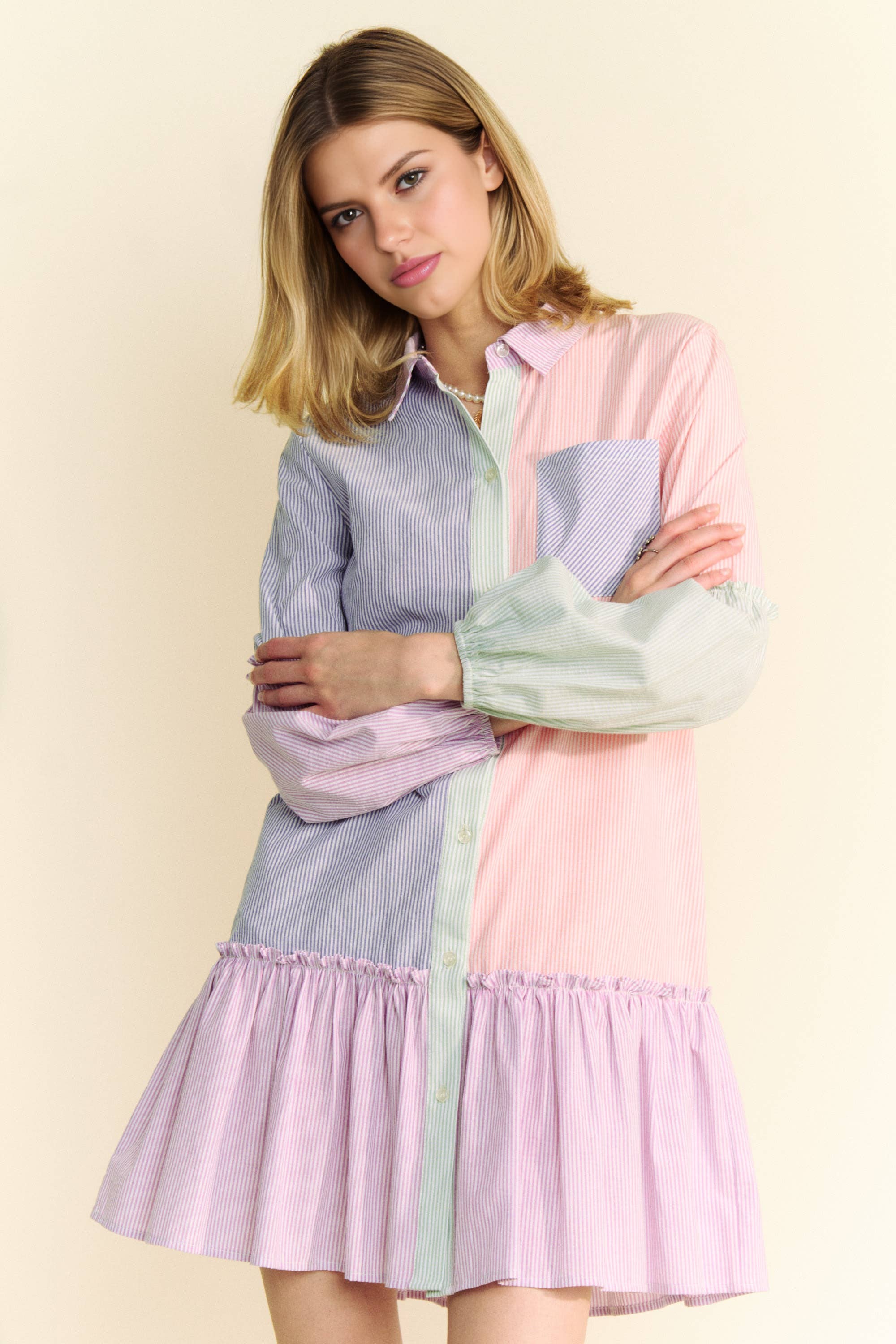 MULTI STRIPE COLOR BLOCK WAIST BALLOON SHIRT DRESS for wholesale on Faire4