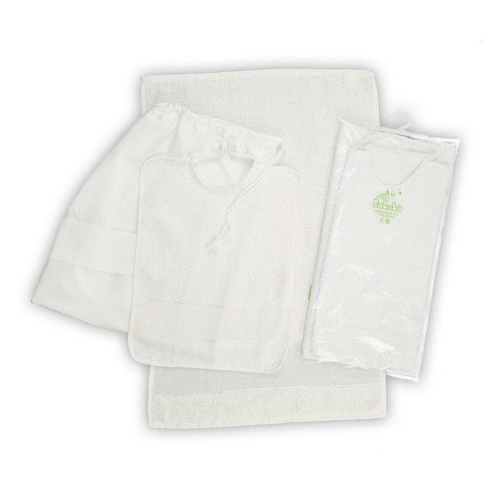Almatex srl - Vente Ensembles de serviettes - Ensemble 3 pièces RICAMA TU : serviette+bavoir avec bande élastique+sac avec bande brodée2
