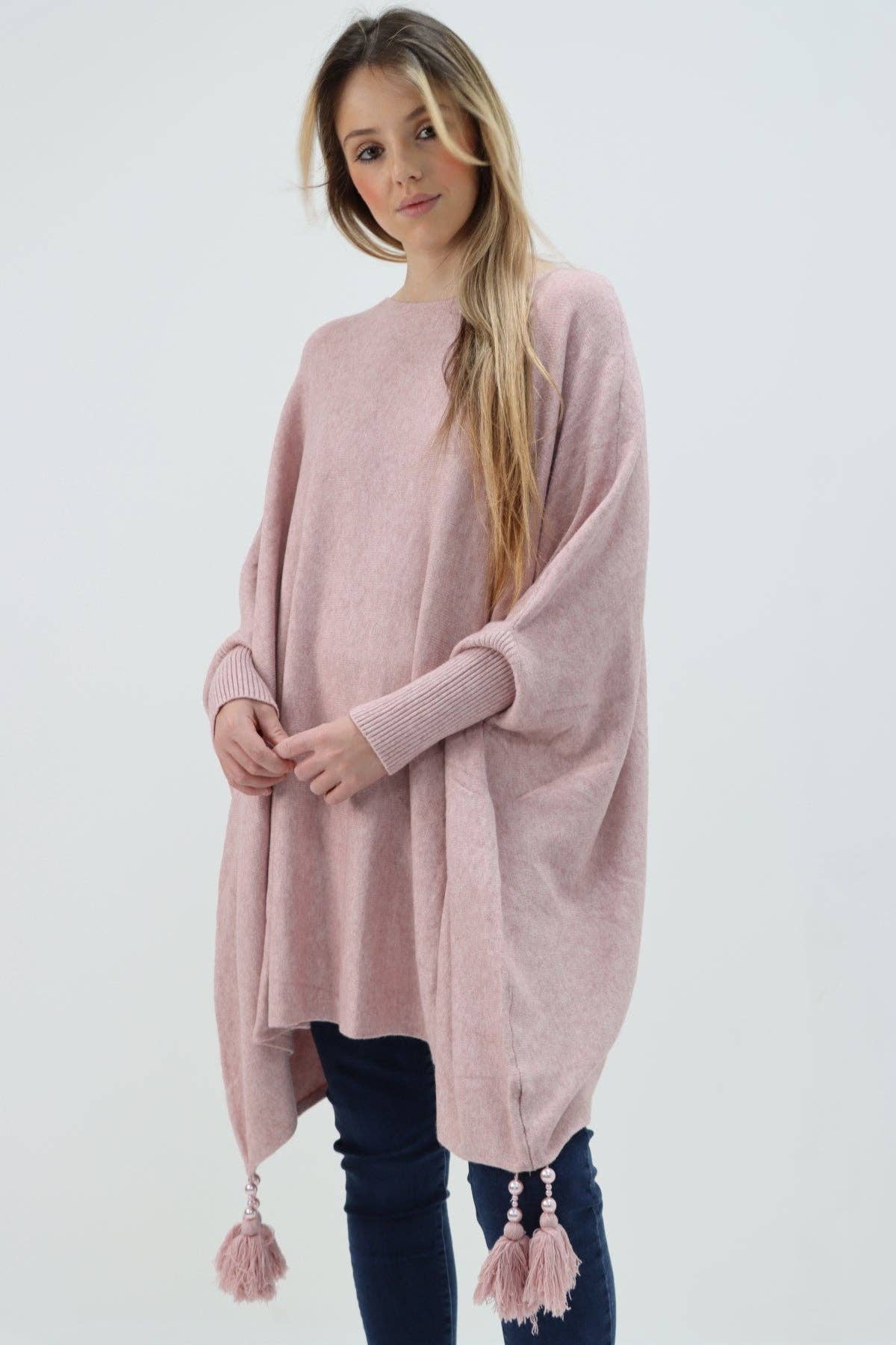 Miss Bold - Wholesale Poncho - Women's - Italian Plain Batwing Sleeves Tassels Tunic Poncho32