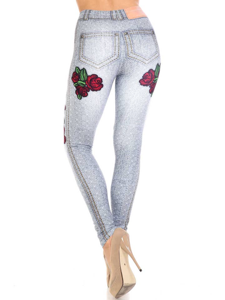 USA Fashion - Wholesale Fashion Leggings - Women's - Creamy Soft Denim Rose Leggings - USA Fashion™5