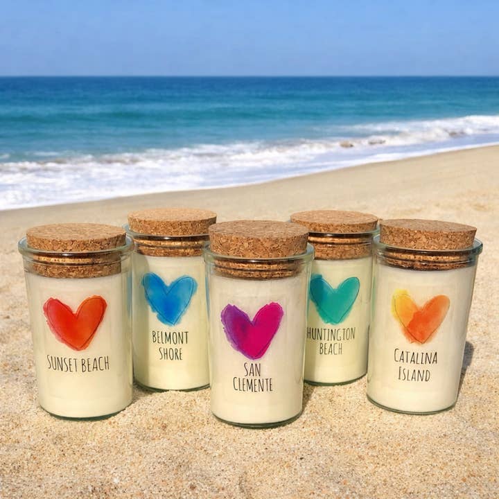 Custom Label Soy Candle - Green/Blue Heart, Sea Glass, Cork for wholesale by Terra Vela