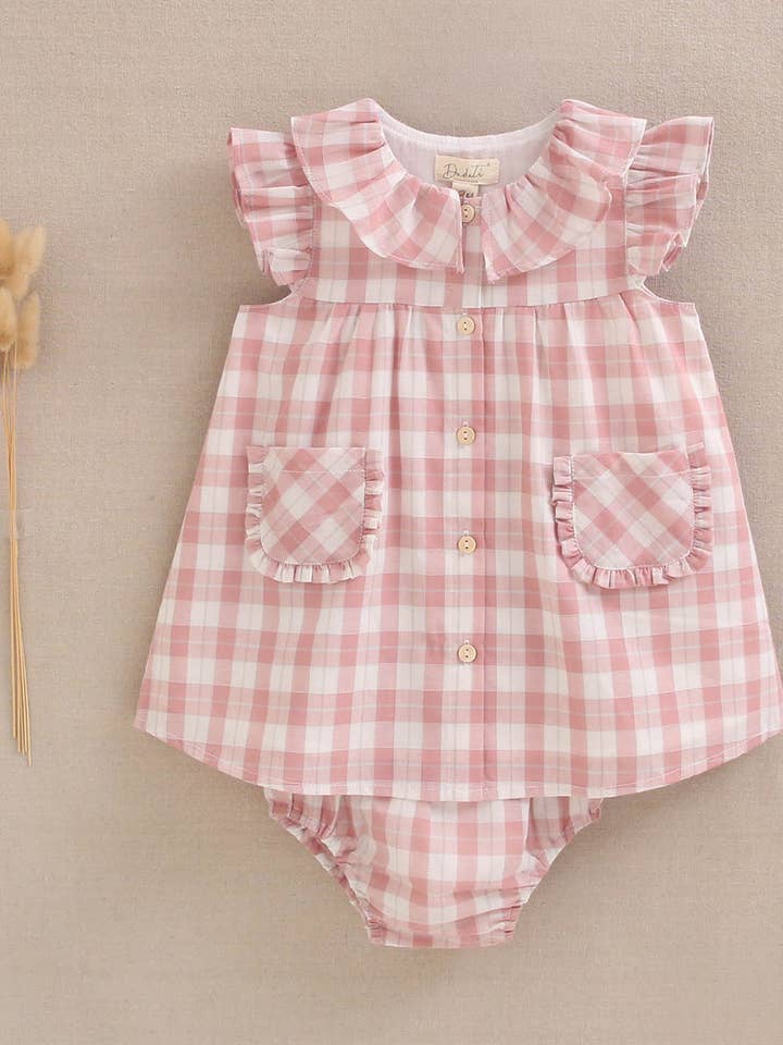Pink gingham baby dress with pockets for wholesale by Dadati