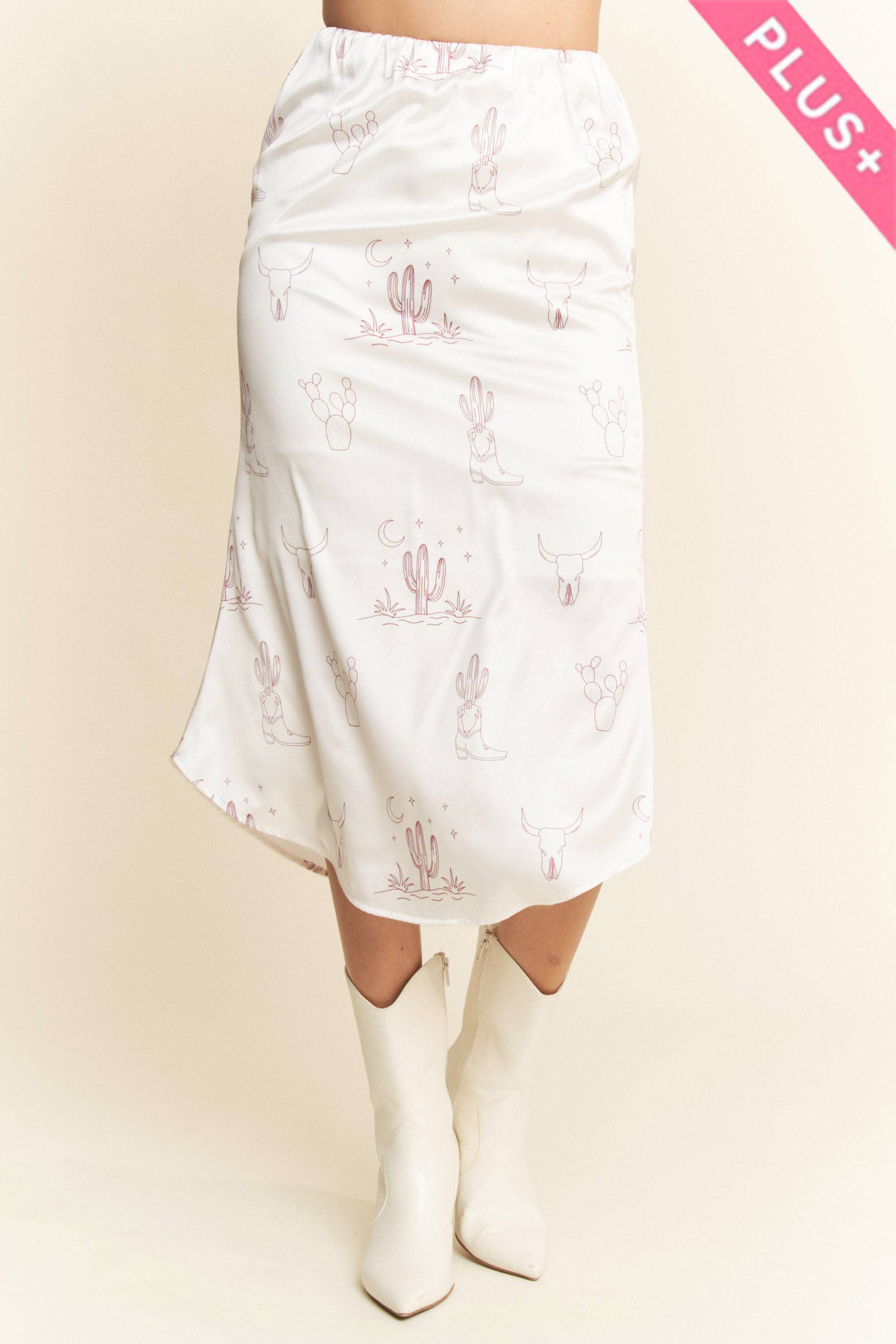 LATTE PLUS WESTERN CONVERSATIONAL PRINTED MIDI SKIRT for wholesale on Faire4