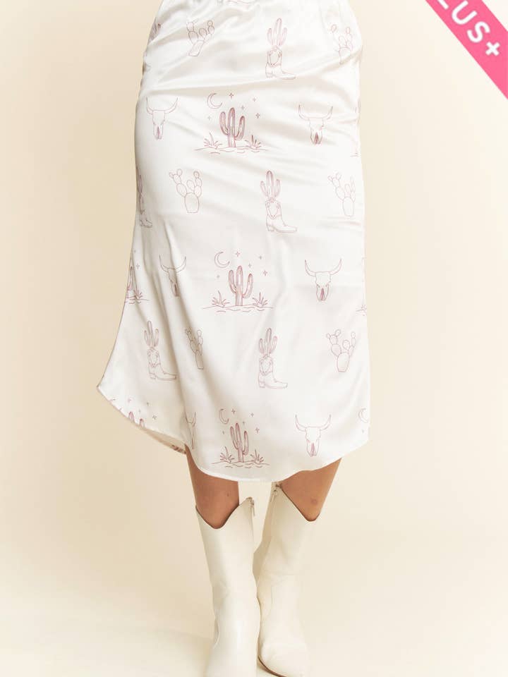 LATTE PLUS WESTERN CONVERSATIONAL PRINTED MIDI SKIRT for wholesale on Faire4