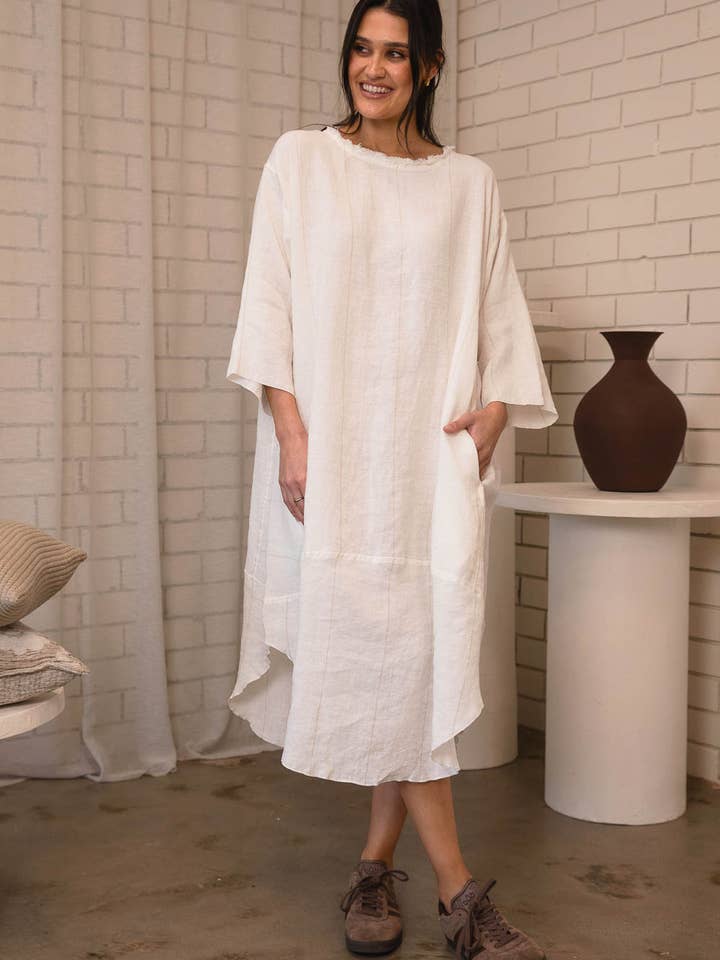 The Carter Malle Linen Dress - Off White w' Nutmeg for wholesale on Faire