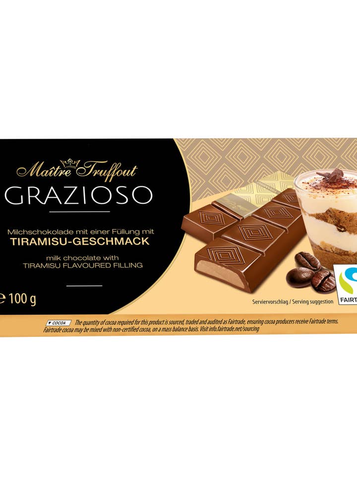 Grazioso milk chocolate with tiramisu cream filling 100g for wholesale by Dulcefina Chocolate and Sweets