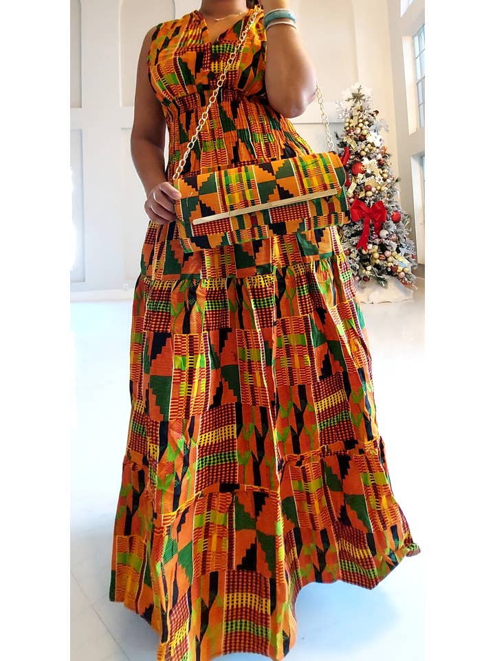 India Batik - Wholesale Dress - Women's - 3028L Smocked Dress/Head Scarf - Orange Kente