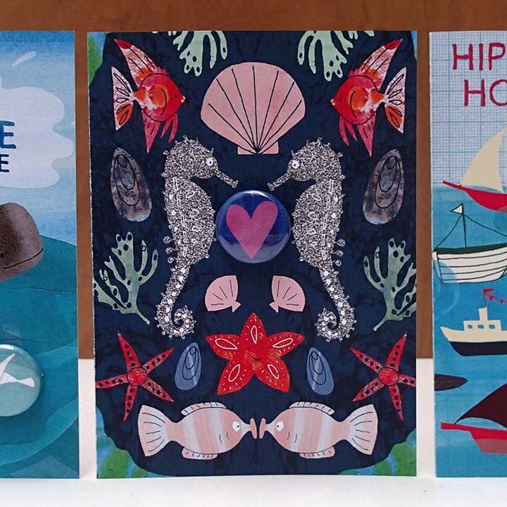 Greeting card with badge - Seahorse Heart for wholesale by The Black Rabbit