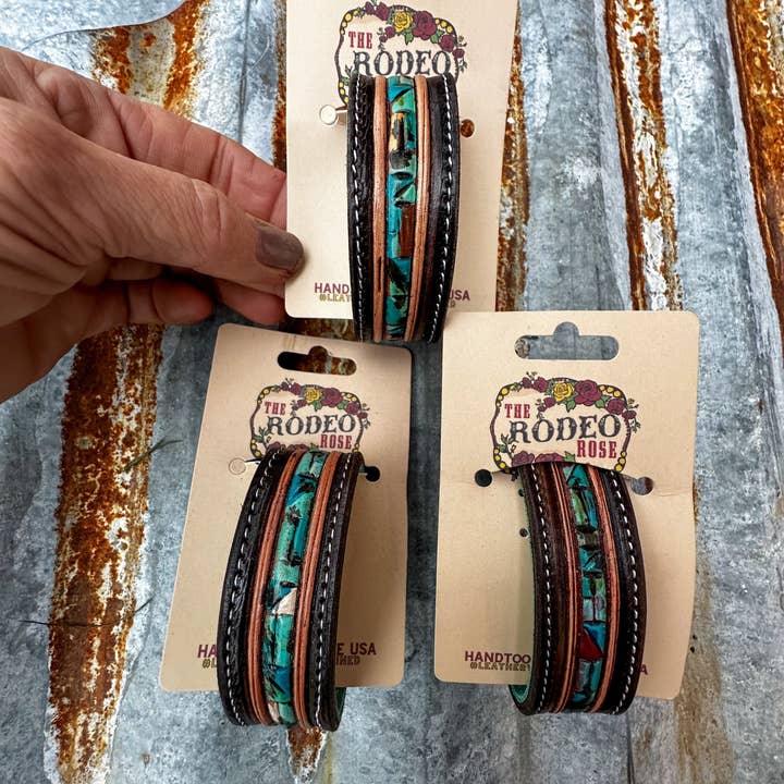 Bracciale in Pelle Turchese a Mosaico Cowgirl Rodeo Western Cowboy per la vendita all'ingrosso da parte di The Rodeo Rose