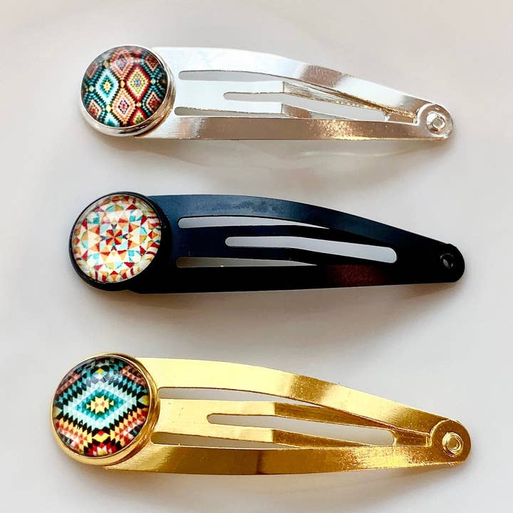 Tapeçaria Round Totem Hair Clip | Cabelo de resina Étnica de Vidro | Brilho Geométrico Inverno | Boho Chic Minimalist| Presente Personalizado Para Ela por atacado de Giggle with Love