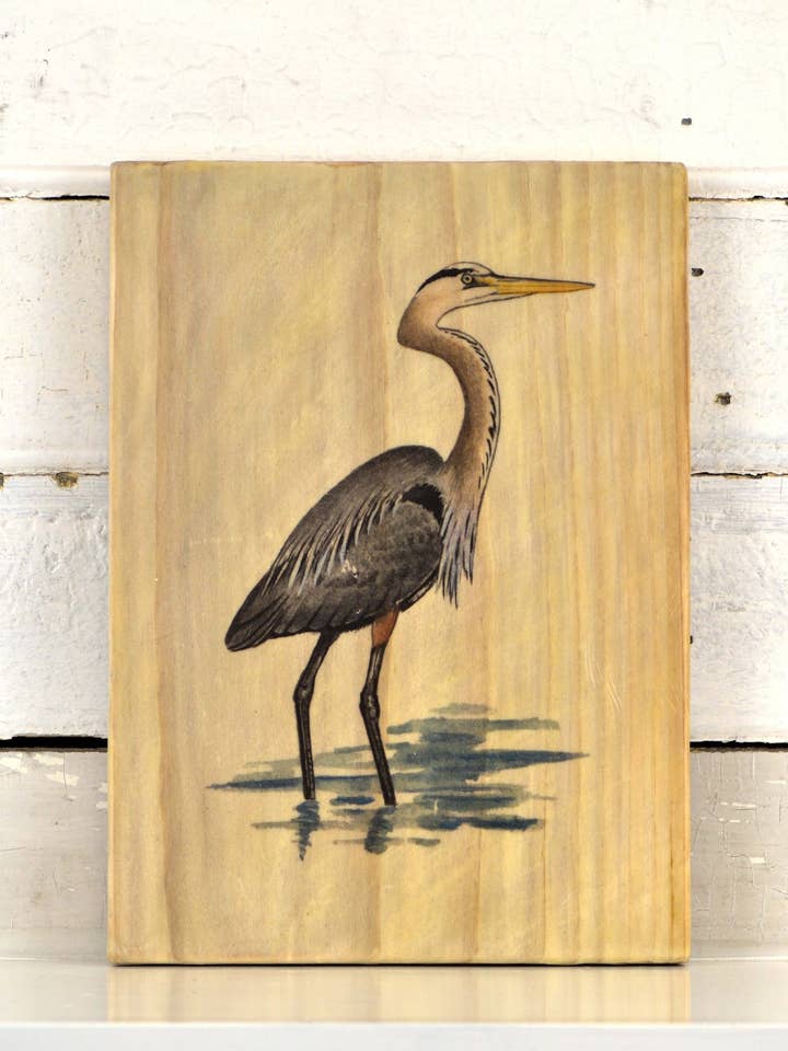 Grote blauwe reiger op gerecycled, behandeld hout, uniek voor wholesale door Streetlightbirds