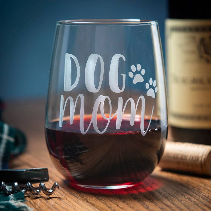 Dog Mom Stemless Wine Glass for wholesale by A to Z Imaging and Design