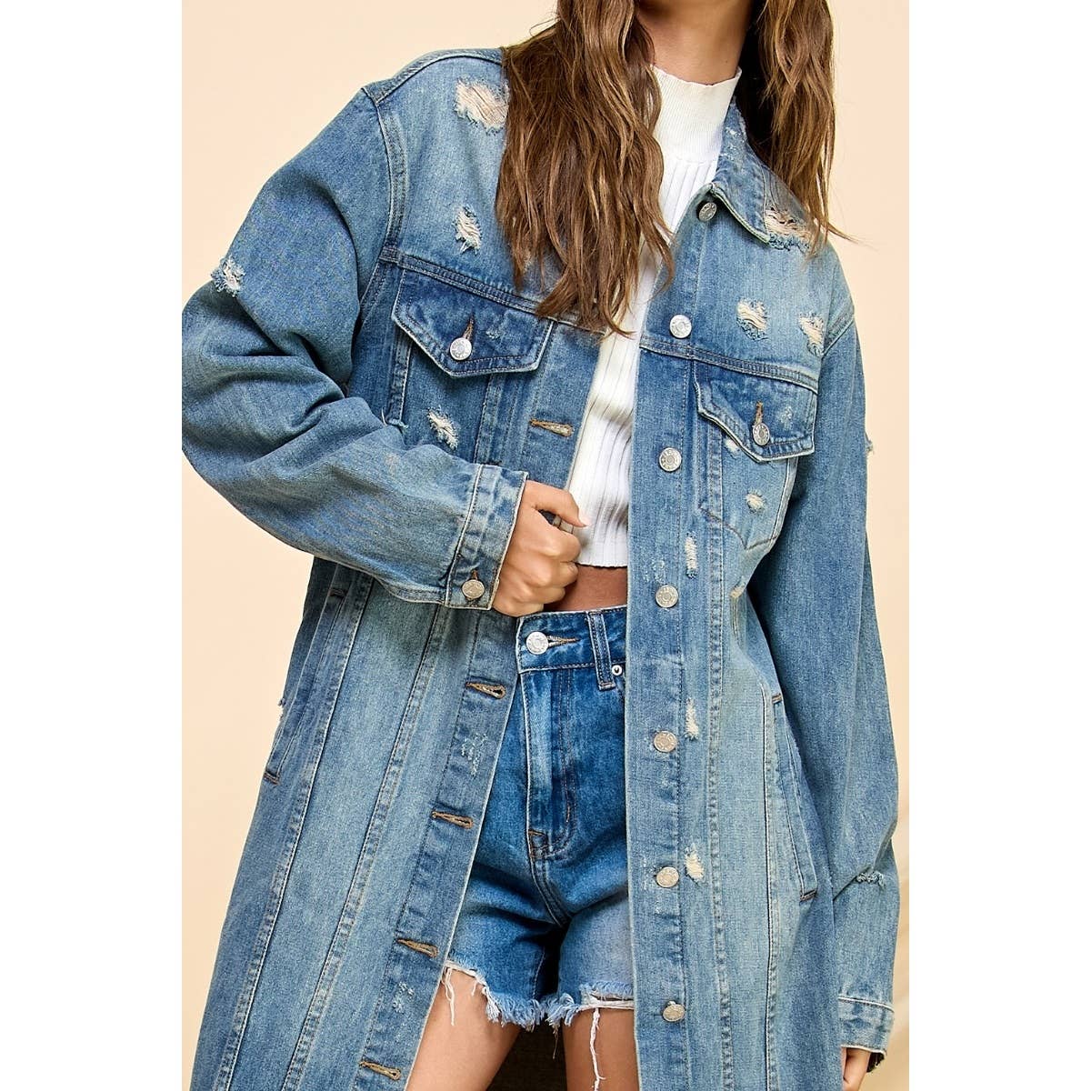 Med Wash Distressed Long Denim Jacket for wholesale on Faire3