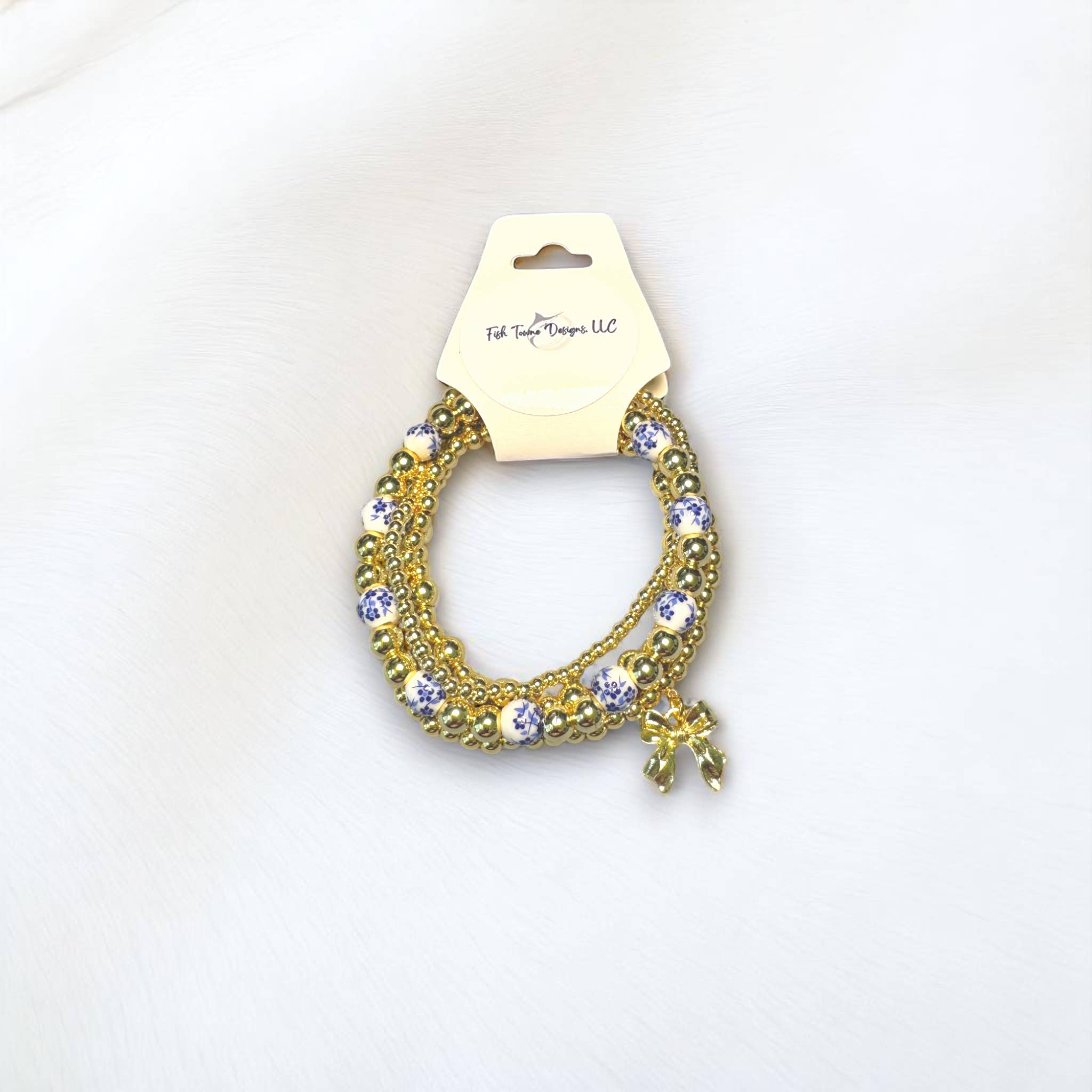 Fish Towne Designs, LLC - Wholesale Jewelry Set - Gold and Chinoiserie Beaded Bracelet Stack8