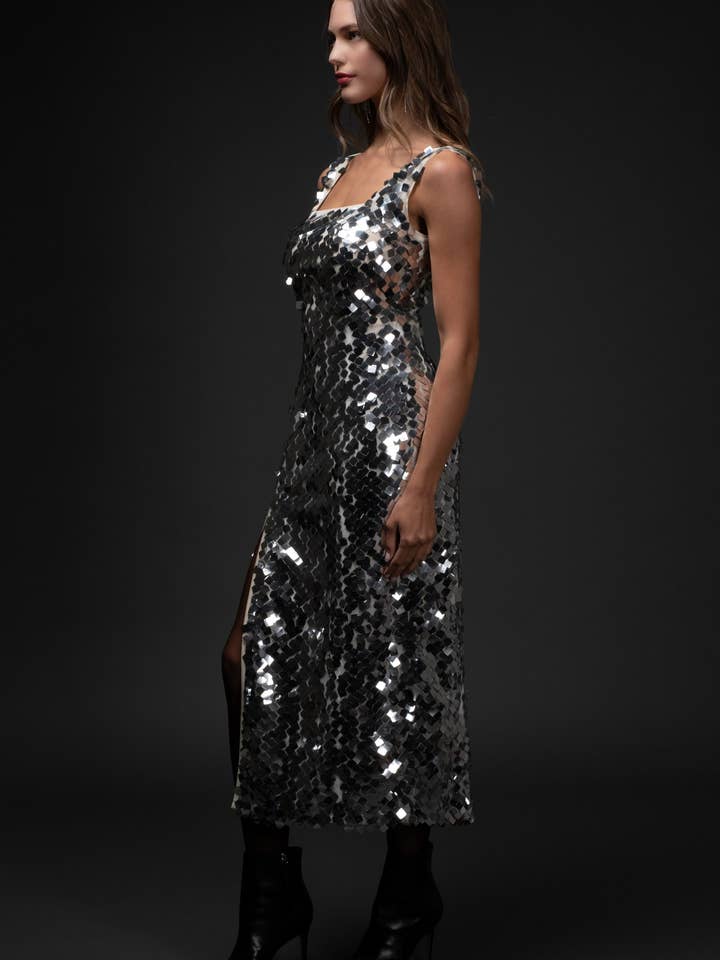 SILVER SIDE SLIT SEQUIN MIDI DRESS for wholesale on Faire2