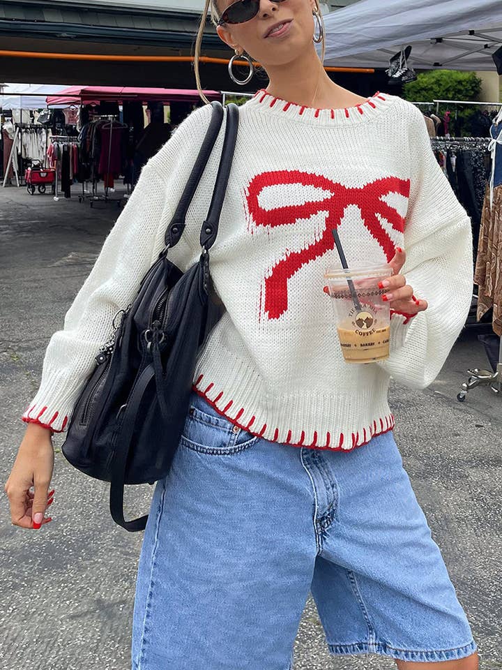 Little Trendy - Wholesale Knit Sweater - Women's - Valentine‘s day sweet Bow jacquard sweater