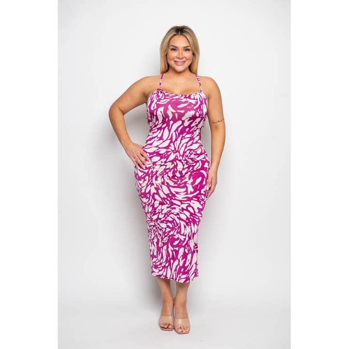 PLUS SIZE ABSTRACT PRINT CRISS CROSS BACK STRAP MIDI DRESS for wholesale by Curve Market