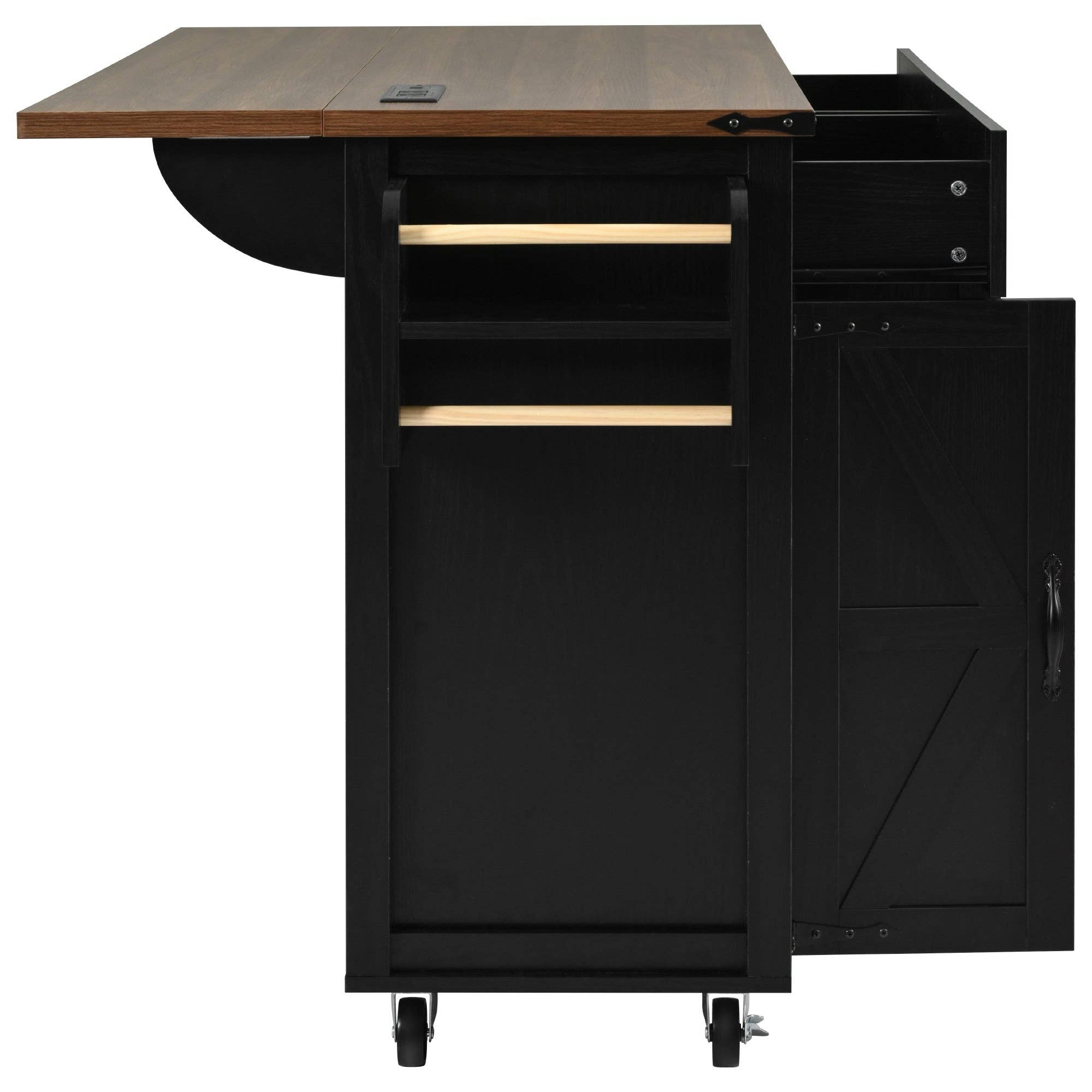 Orange County Decor - Wholesale Kitchen Storage/Organizer - K&K 53.5''Farmhouse Kitchen Island With Power Outlet, Kitchen Storage Island With Drop Leaf, Spice Rack And Drawer, Rolling Kitchen Cart On Wheels, For Home, Kitchen And Dining Room, Black Black28