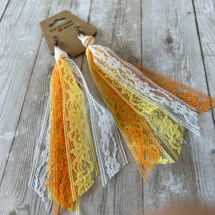 Halloween Earrings Lace Tassel Candy Corn for wholesale by Open Window Studios