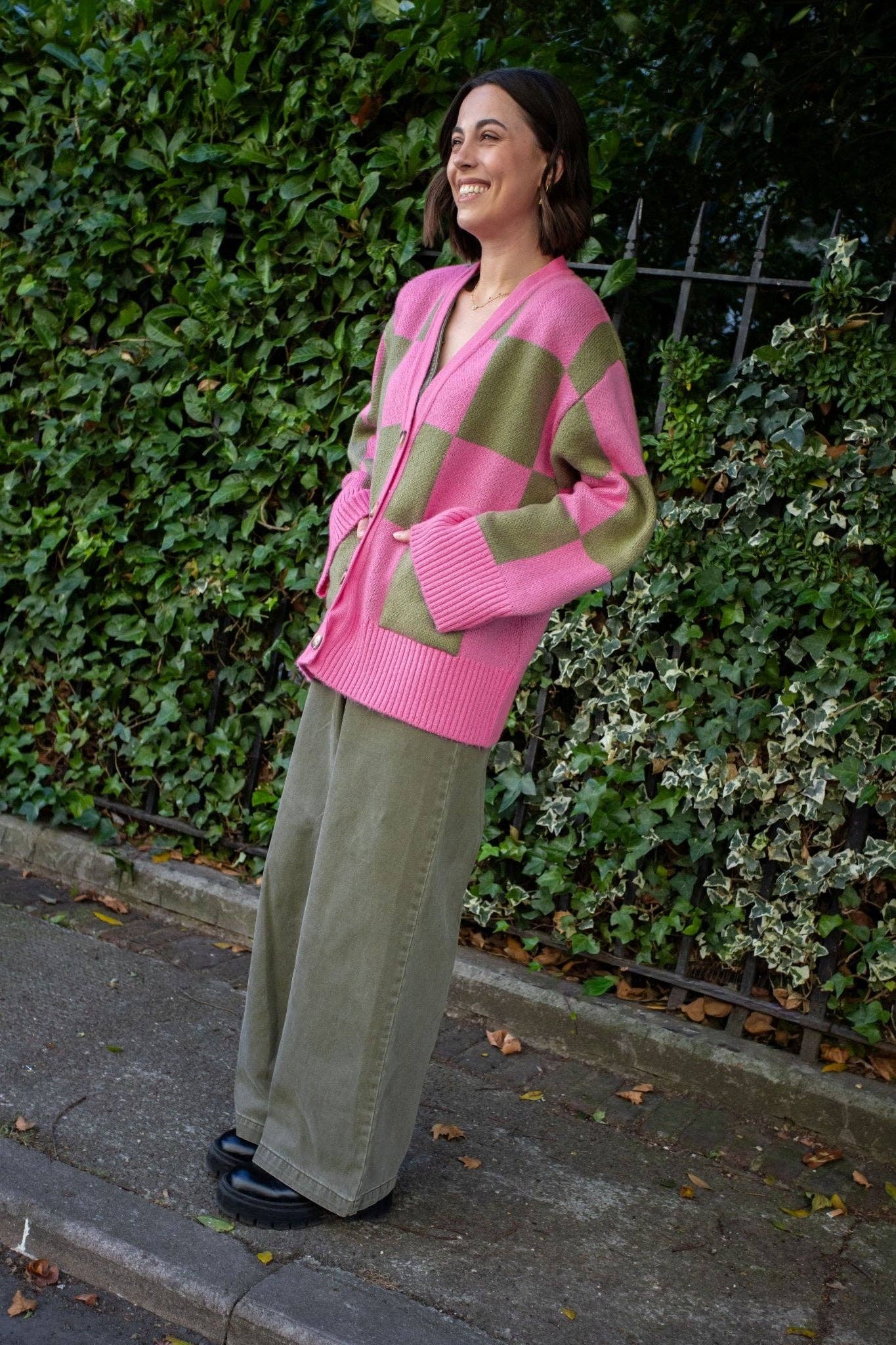 Cara & The Sky - Wholesale Cardigan - Dames - Candice Wijde Mouw Geruite Knopenvest - Roze & Groen19