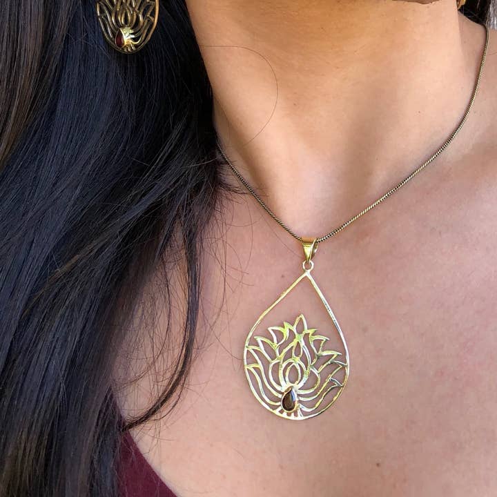Brass Lotus Necklace with Garnet Crystal / Yoga Buddhist for wholesale by JAYA MOKSHA