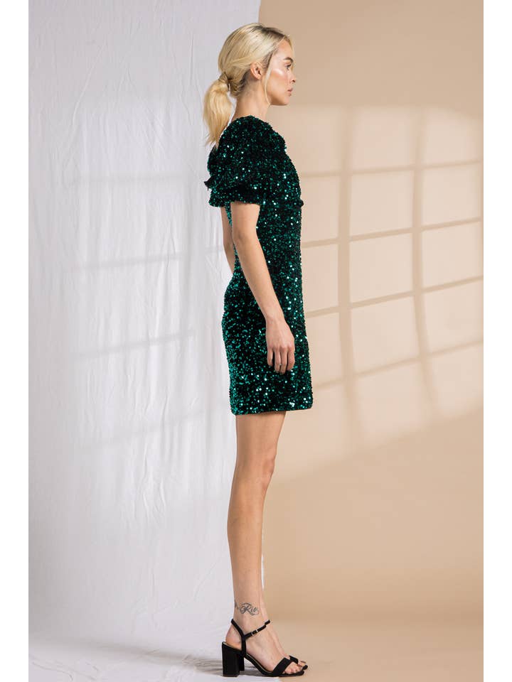 LENA - Wholesale Dress - Women's - Sequin Square Neck Balloon Short Sleeve Mini Dress