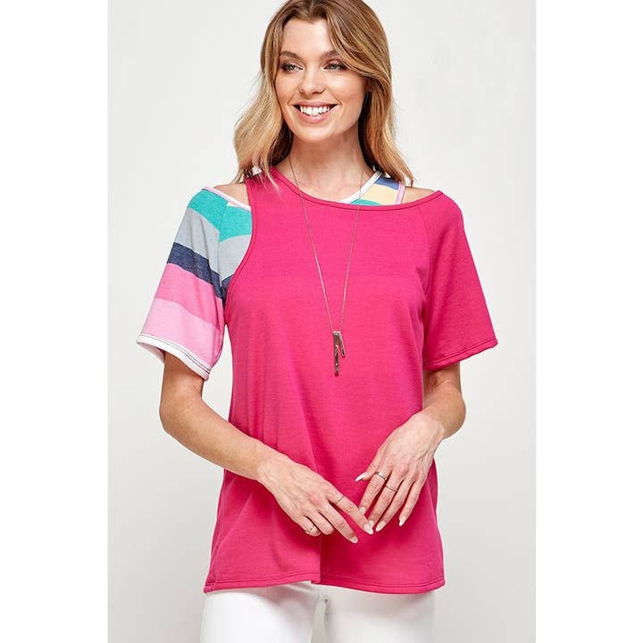 Top asymétrique en maille superposée à rayures contrastées pour la vente par Clothing of America