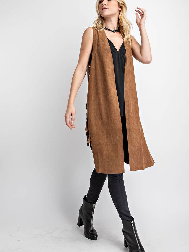 VOCAL - Wholesale Outerwear Vest - Women's - SUEDE VEST WITH SIDE LACE-UP1
