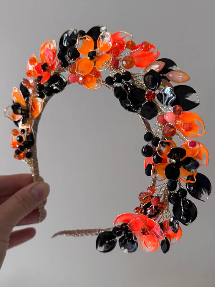 Black and Orange Wedding guest halo for wholesale by Preciuspearls