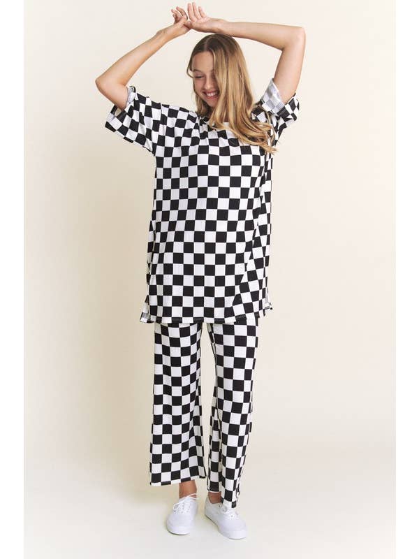 JADE BY JANE - Wholesale Lounge Set - Women's - RIBBED CHECKERED PRINT TOP/STRAIGHT LEG PANTS SET