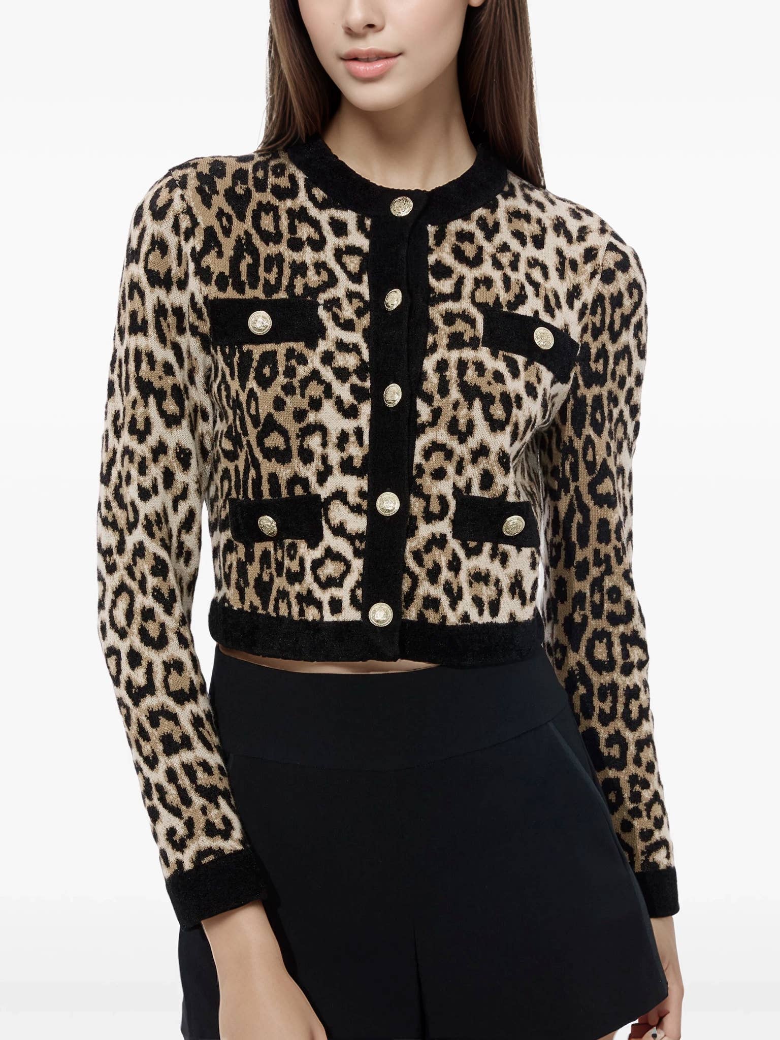 Colore come immagini Cardigan Slim in Maglia Jacquard Leopardato JK170Y con Scollo Tondo in vendita all'ingrosso su Faire6