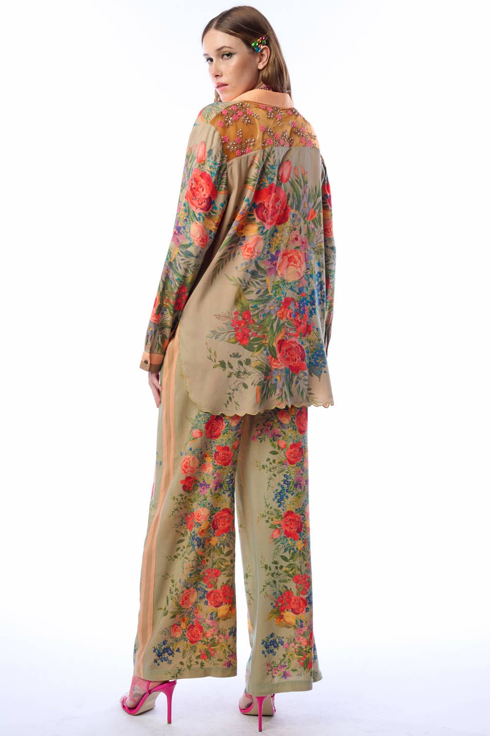 Vintage-Smaragd Roma-Hemd | Florales Button-Down-Hemd | Pailletten-Mesh-Detail für den Großhandel auf Faire8