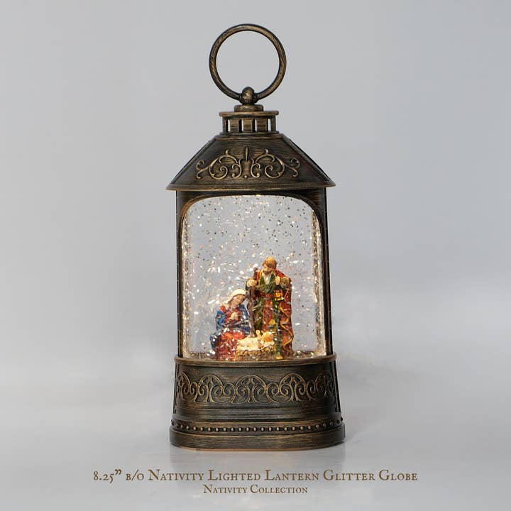 8.25" B/O Lighted Nativity Lantern Glitter Globe, Bronze for wholesale by IEGIFT