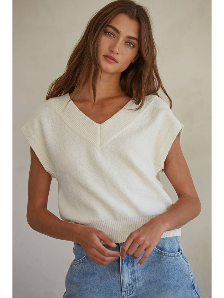 Ivory W1467 | Knit Sweater V-Neck Sleeveless Vest Top for wholesale on Faire