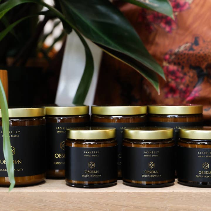 JaxKelly Candles - Wholesale Jar/Filled Candle - 9oz Amber Crystal Candles - Obsidian - Block Negativity5