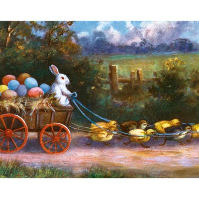 Laughing Elephant - Vente Cartes de Pâques - Chariot de Pâques rempli d'œufs avec un lapin de Pâques - Carte de Pâques1