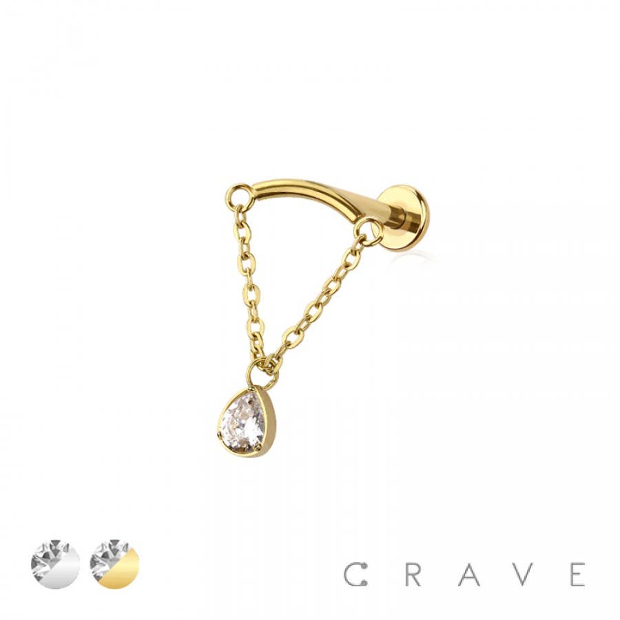 CRAVE - Wholesale Single Earring - CURVED BAR DANGLE CLEAR TEAR DROP CZ CHAIN PUSH IN TOP 316L4